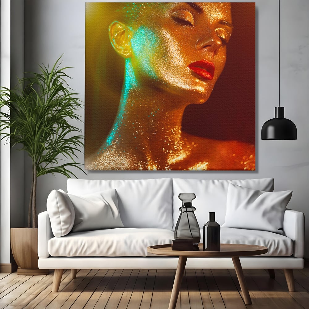 Tablou canvas cu tablou canvas cu femeie si sclipici auriu, fara rama, pe sasiu de lemn, pe perete intr-un living